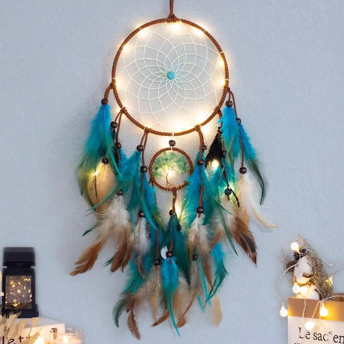 Tree of Life Dream Catcher, Handmade Traditional Indian Blue Dreamcatcher with Feathers & LED Fairy Lights, Circular Hanging Net for Wall Decor, Bedroom, Kids Room Home Decoration