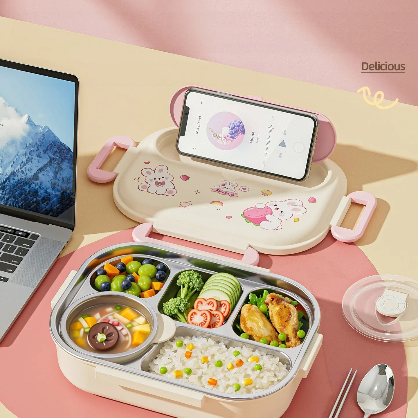 Stainless Steel Lunch Box with Insulated Bag, Leak-Proof, Microwave Safe, 5 Compartments, Ideal for Kids, School, Preschool Use