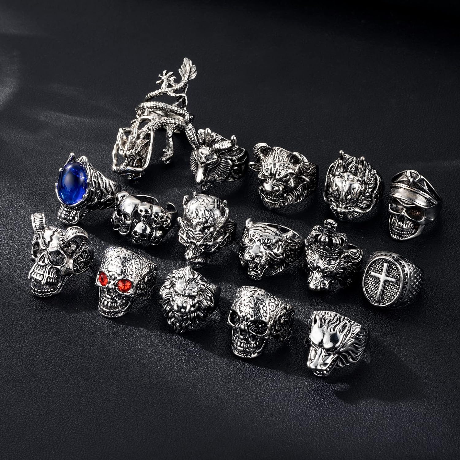 16-24 Pcs Vintage Punk Rings Set Gothic Biker Adjustable Rings Skeleton Skull Ring Feather Snake Drgon Lion Wolf Tiger Head Ring