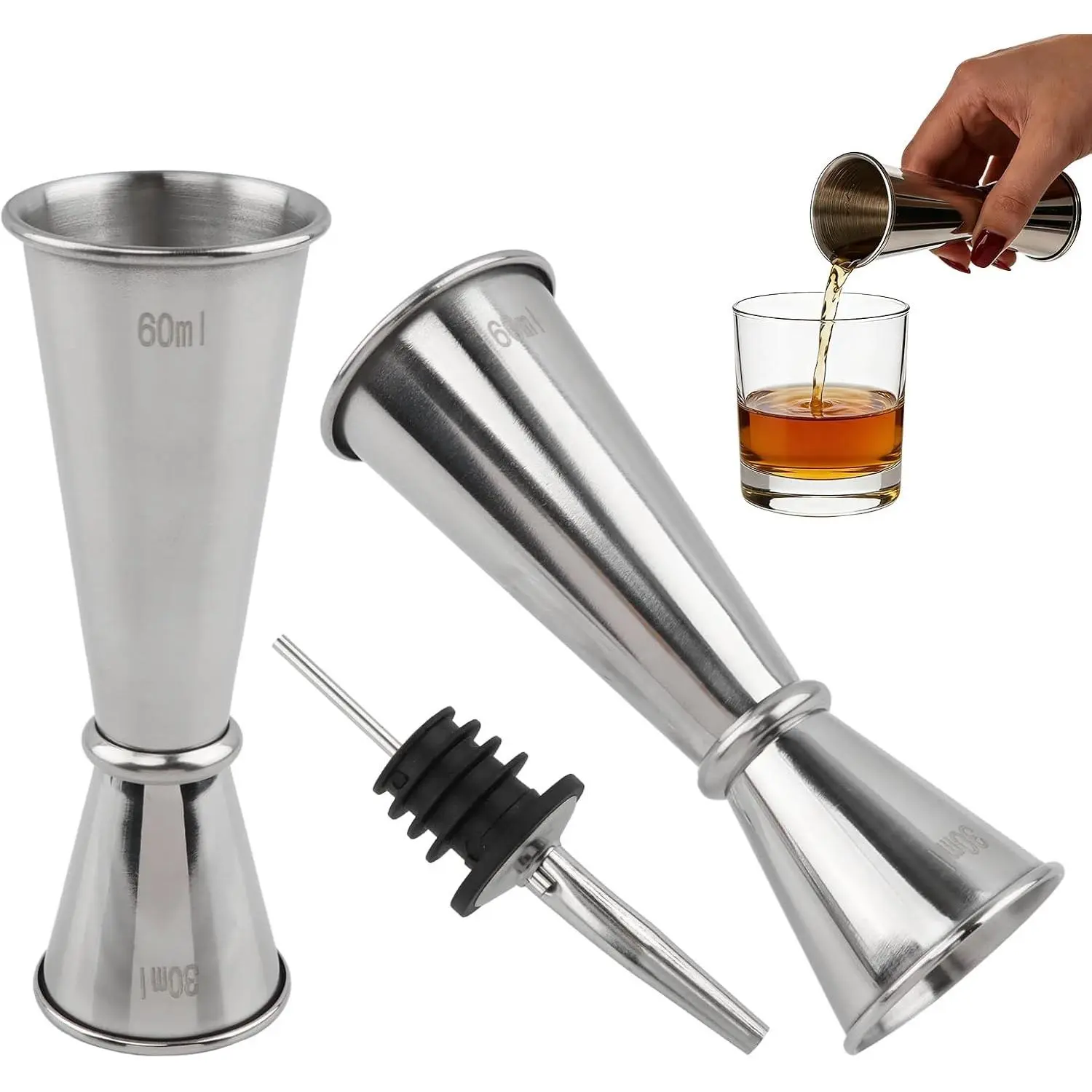 2 Pcs Double Head 304 Stainless Steel Jigger with 1 Pourer, 2 oz 1 oz Food-Grade Cocktail Measuring Tool for Professional & Home Bars
