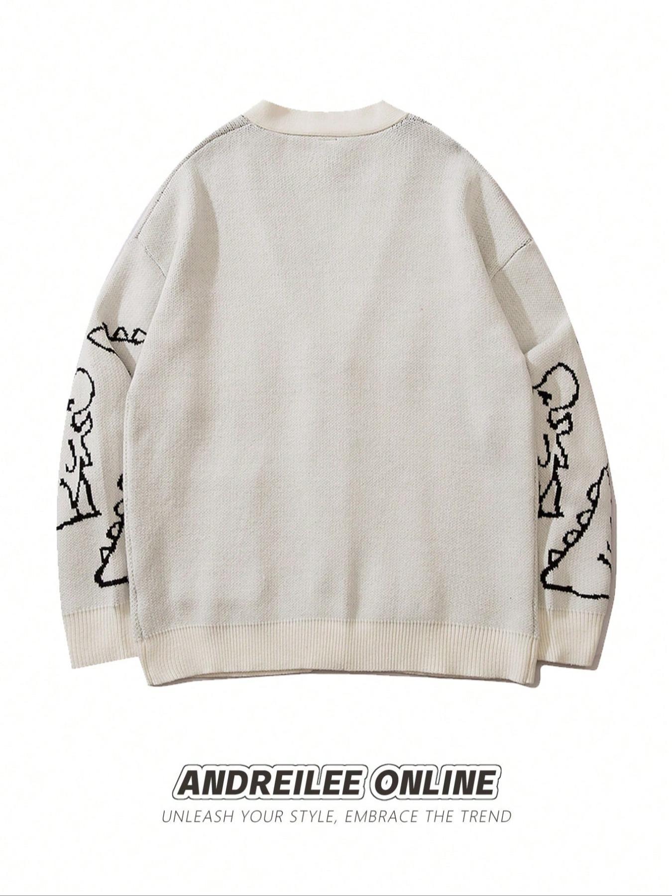 Men's Cartoon Dinosaur Print Pocket Button Front Cardigan, Loose Casual Drop Shoulder Long Sleeve V Neck Knitwear for Spring & Fall, Fashion Men's Knit Clothing for Daily Wear, Cartoon Print Sweater