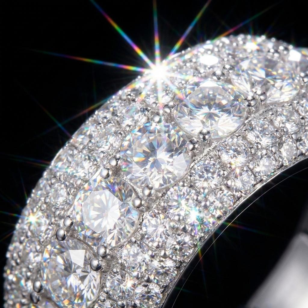 Moissanite Ring for Women - Triple Row Pave Setting D Color VVS1 Clarity 9.25 Hardness Lab Grown Diamond Alternative Engagement Wedding Band