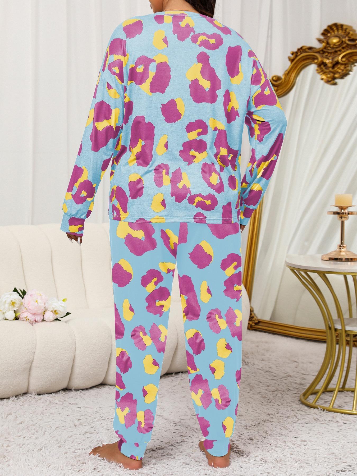 2 Piece Set Plus Size Leopard Print Pyjama Set, Casual Long Sleeves Drop Shoulder Tee & Plain Pants Set for Women, Women's Sleepwear for Spring & Fall,  Pyjamas for Women, Pajama Set