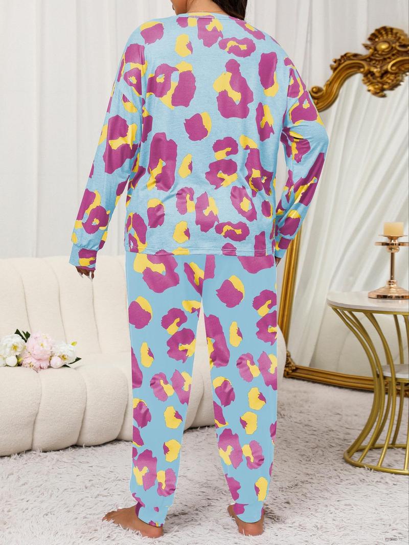 2 Piece Set Plus Size Leopard Print Pyjama Set, Casual Long Sleeves Drop Shoulder Tee & Plain Pants Set for Women, Women's Sleepwear for Spring & Fall,  Pyjamas for Women, Pajama Set