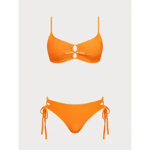 SAMIOL Orange Ribbed Hollow Bikini Set Ruched High Waist Two Piece Bikini for Women V Neck Removable Chest Padding Spaghetti Straps Soft Nylon Spandex Anti-Fade Seaside Vacation Swimwear