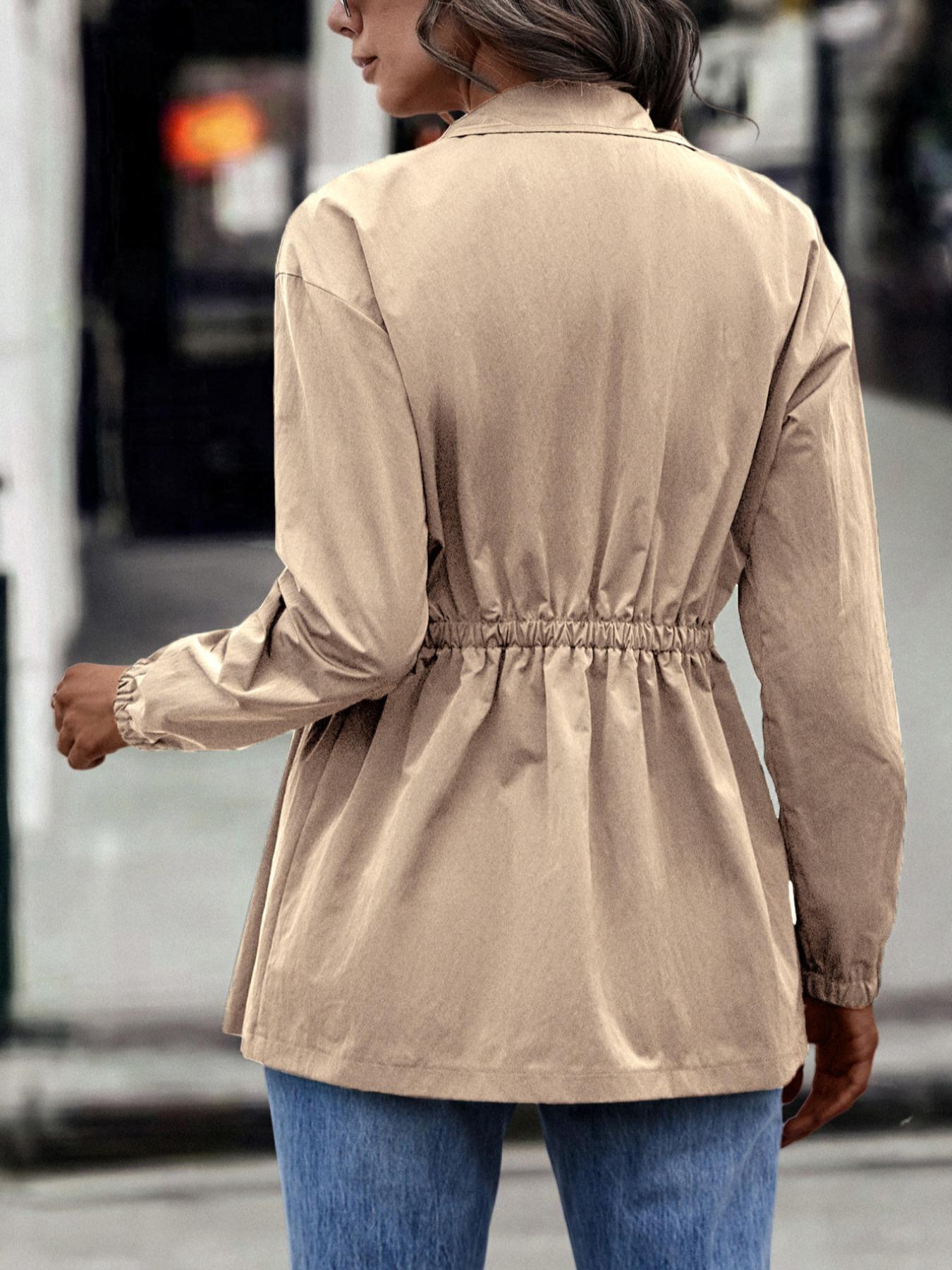 Women's Solid Woven Fabric Fitted Button Front Collar Jacket Coats, Casual Long Sleeve Outerwear for Spring & Fall, Ladies Clothes for Daily & Everyday Wear, Womenswear