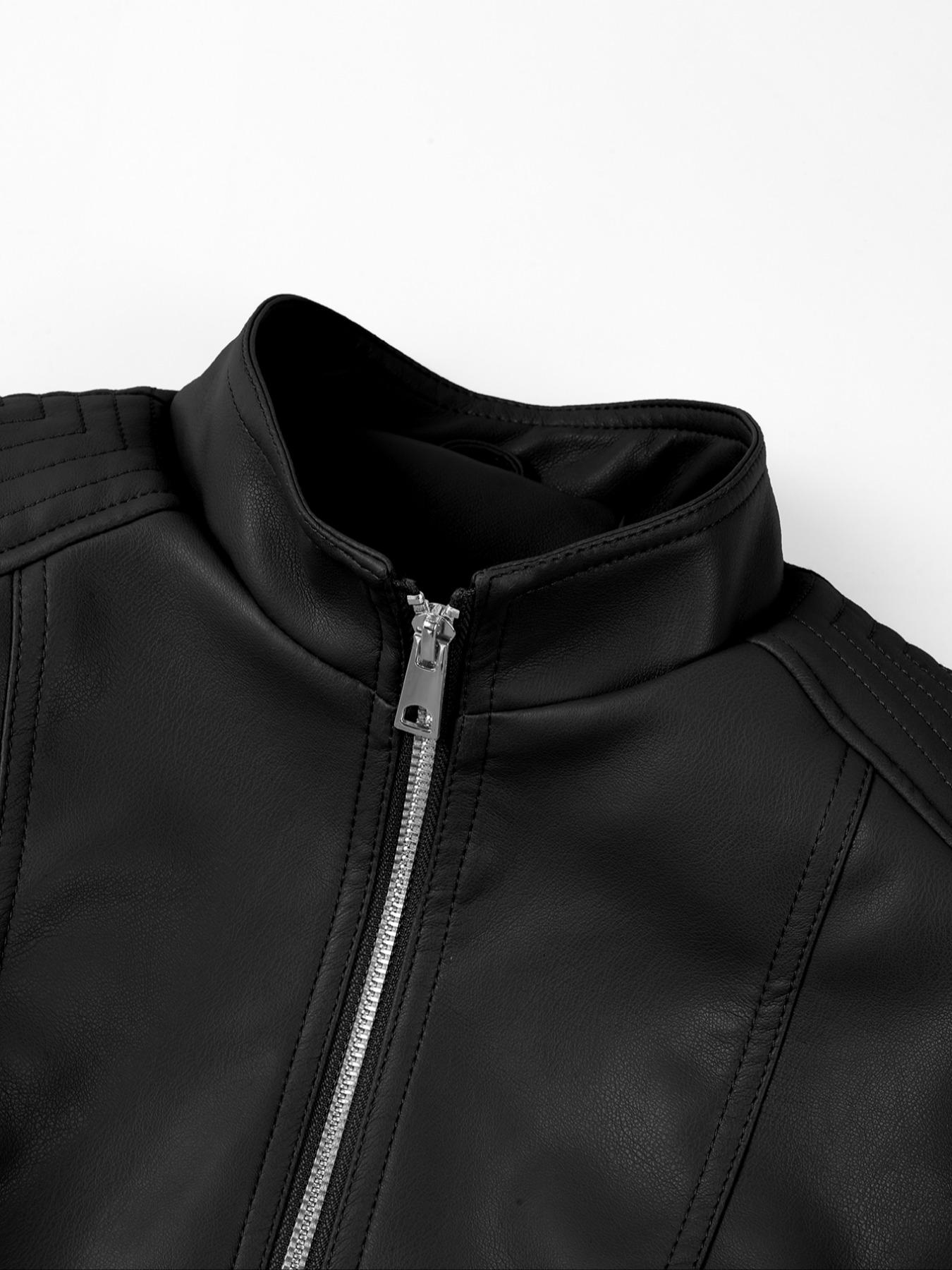 Women's PU Leather Jacket Coats, Stand Collar with Zip Pockets, Long Sleeve Fitted Minimalist Casual Aesthetic Style, Fall Winter Fashion Outerwear