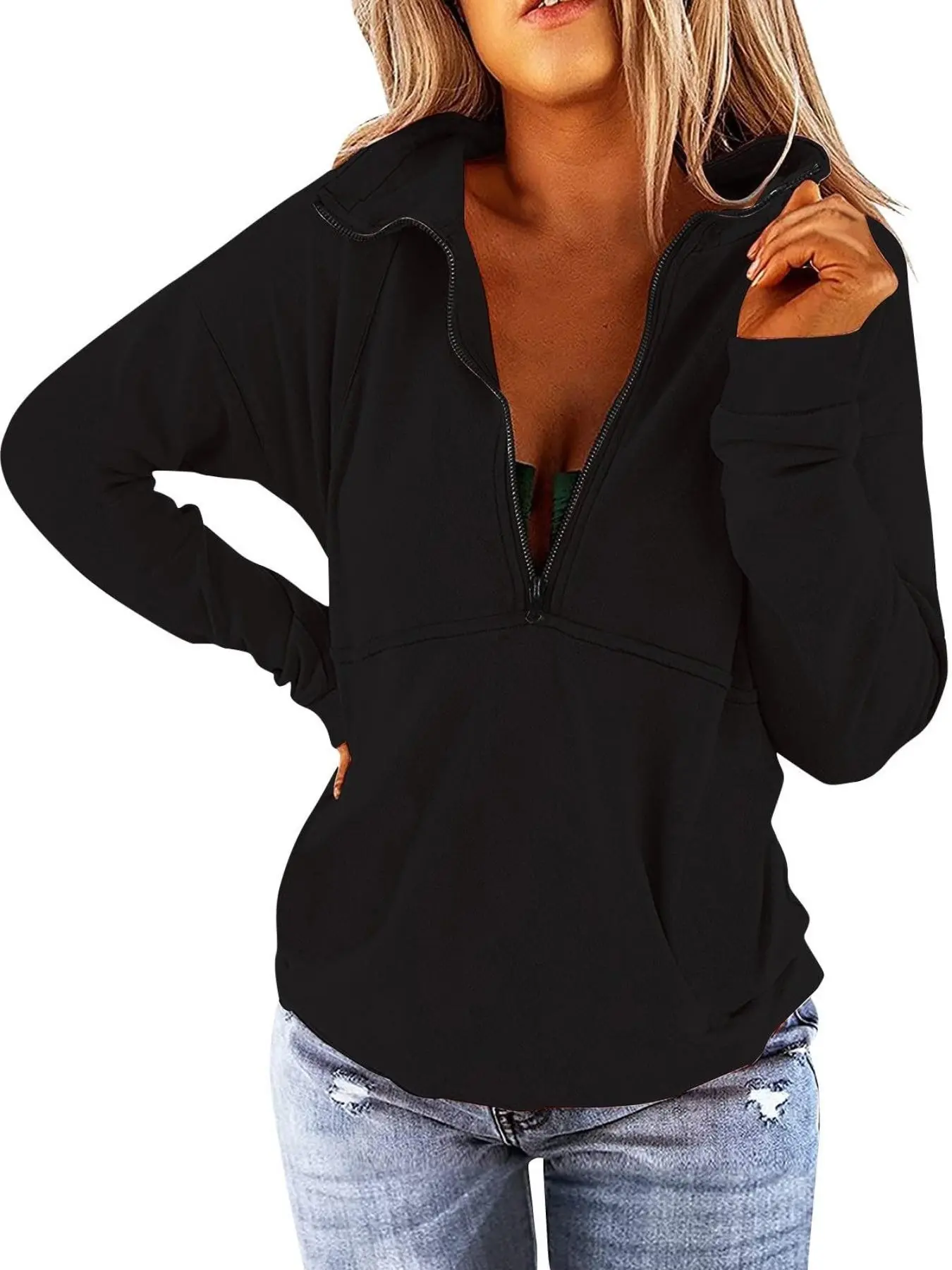 Plus Size Women's Half-Zip Sweatshirt, Casual Loose Fit Fall Top, Stand Collar Zipper Shoulder Long Sleeve with Pockets, Daily Streetwear