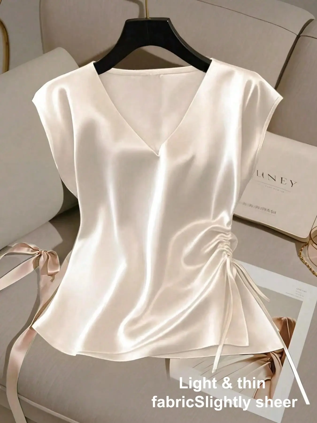Women's Plain Satin Blouse V-Neck Ruched Summer Elegance Top, Lightweight Side Drawstring Adjustable Design, Fitted Spring & Summer New Arrival