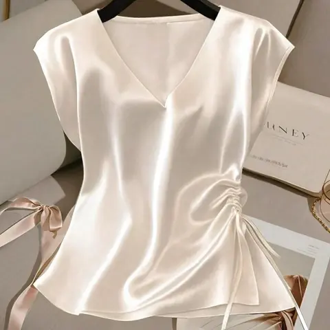 Women's Plain Satin Blouse V-Neck Ruched Summer Elegance Top, Lightweight Side Drawstring Adjustable Design, Fitted Spring & Summer New Arrival, Drawstring Waist Top