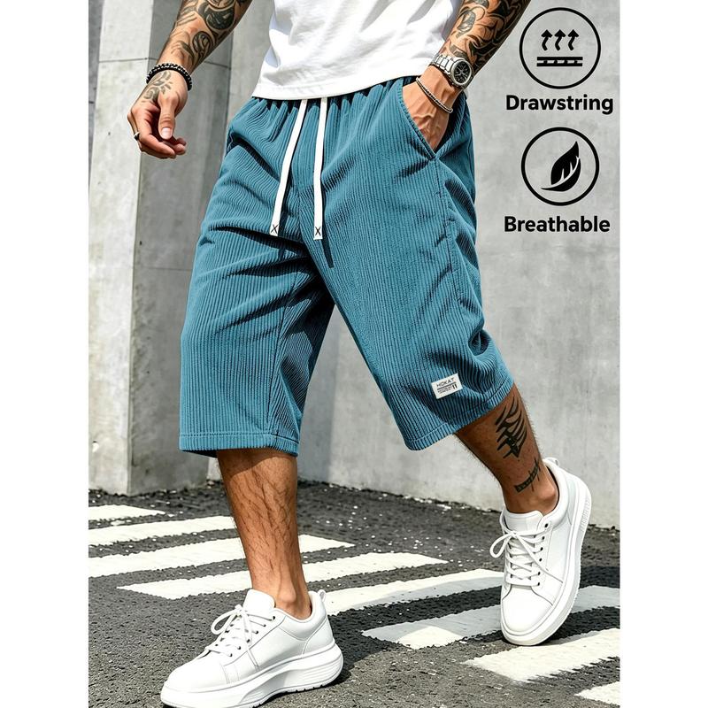 Men's Ribbed Corduroy Casual Sports Shorts - Male Clothing with Comfortable Elastic Adjustable Drawstring Waistband, Active Fitted Design, Cold Wash & Machine Washable for Casual Camping, Outdoor Activities