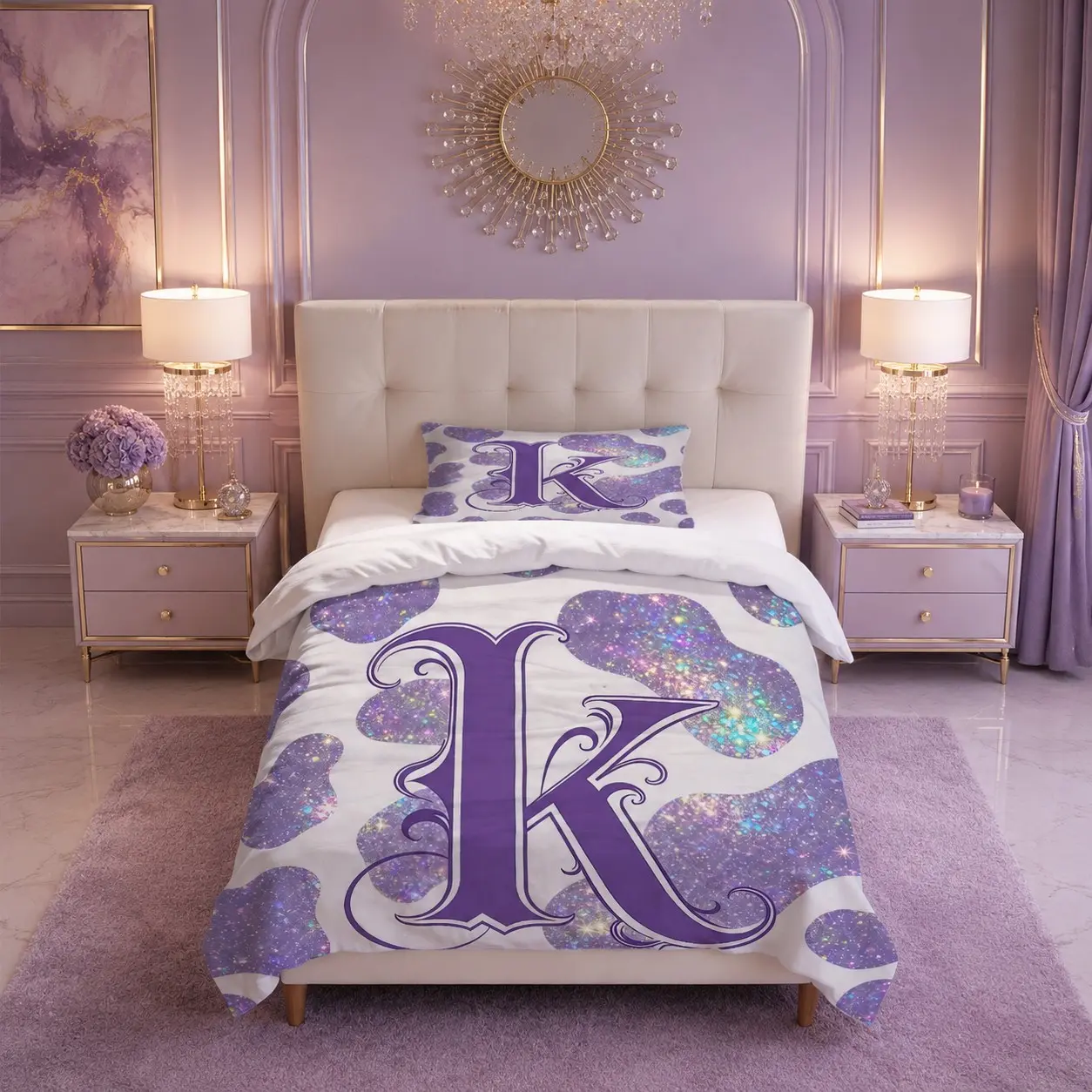 2/3Pcs Purple Glitter Cow Print Ornate Monogram Letter K Duvet Cover Set, Y2K Sweet Cool Girly Style, 1 Duvet Cover + 1/2 Pillowcases (Without Comforter & Pillow Inserts), Ideal Bedding Decor & Gift for Teen Girls Bedroom, Dorm & Dark Minimalist Home
