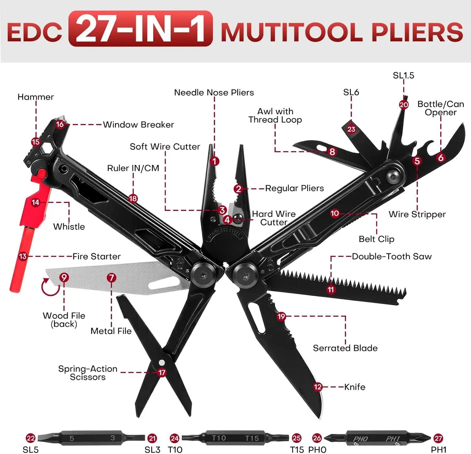 Multitool with Pocket Knife, 27-in-1 Stainless Steel Needle Nose Pliers with Screwdrivers, Self-locking Multi tool EDC Gear with Sheath, Gift for Christmas,New Year