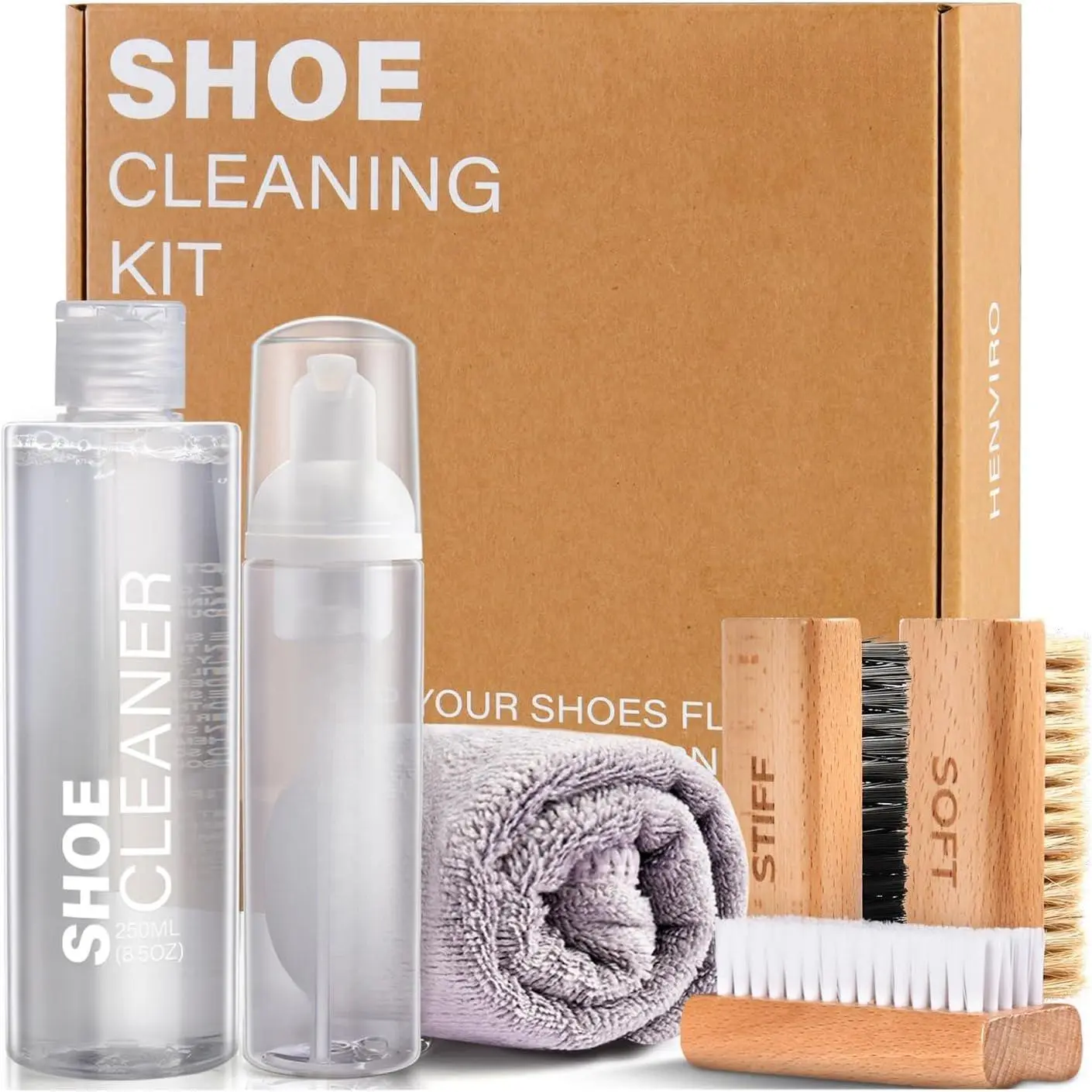 Shoe Cleaner Kit for Sneaker - 8.5 Oz Shoe Cleaning Kit with Shoe Brushes & Towel, White Shoe Sneaker Cleaner Kit, Suede Shoe Cleaner for Suede Mesh Leather Knit, and  Materials