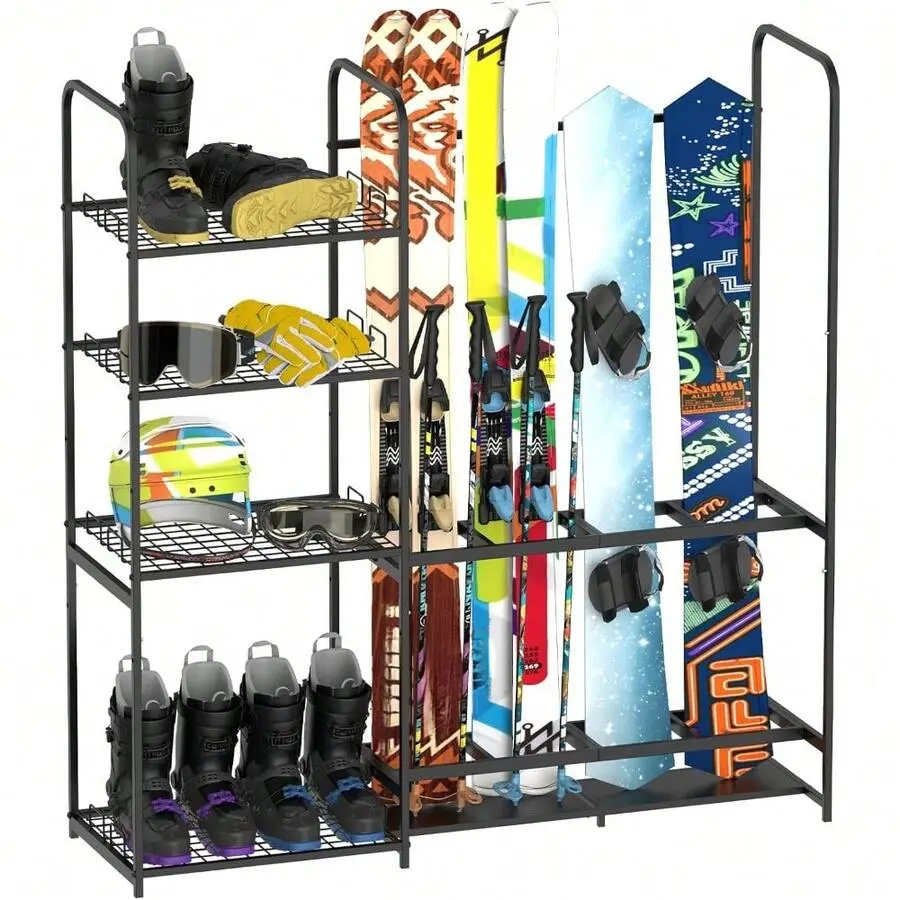 Multifunctional 4 Pair Ski 3 Pack Snowboard Rack Heavy Duty Metal Garage Storage Organizer With Shelves For Boots Helmets Goggles Poles Vertical Ski Snowboard Stand For Garage Shed Basement