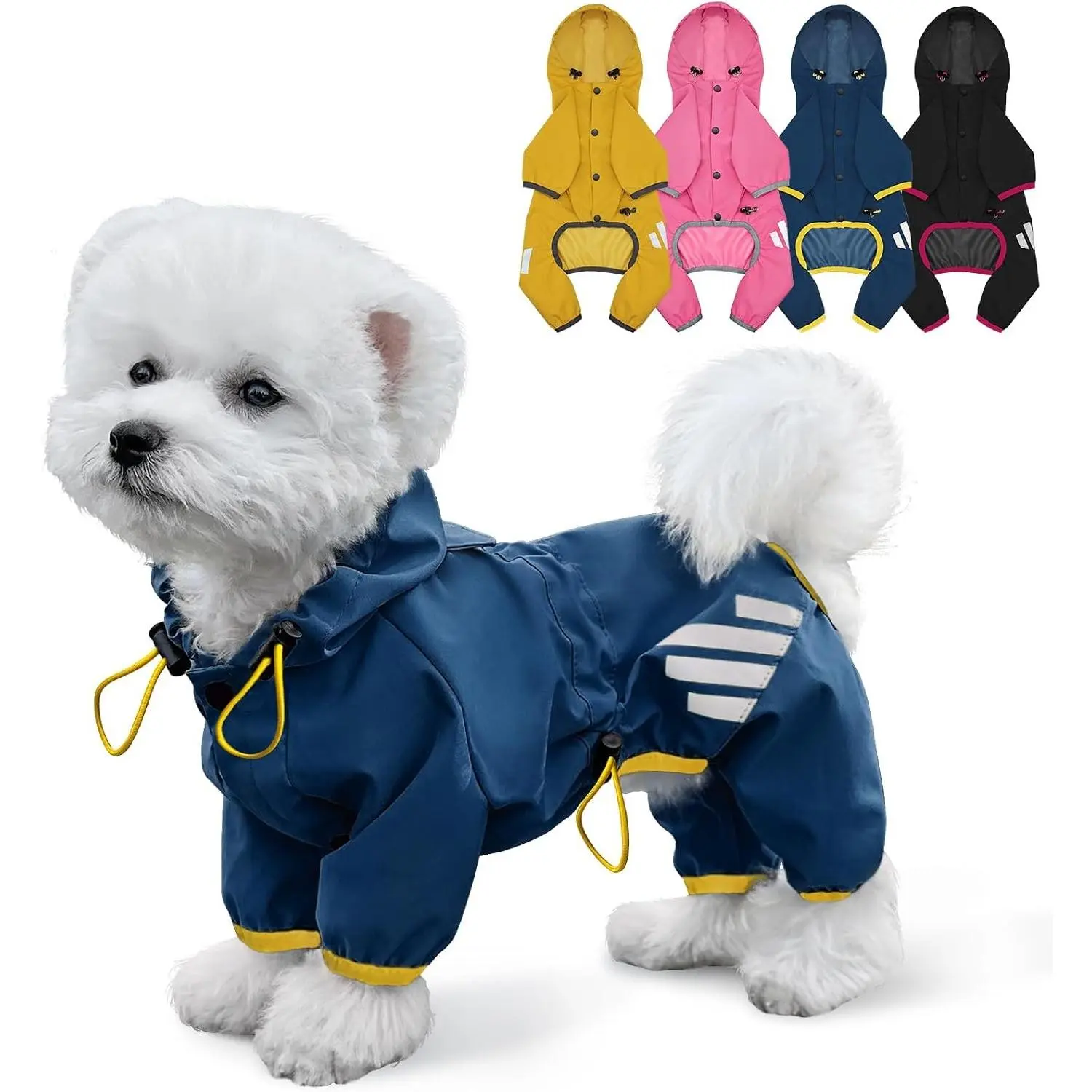 Waterproof Hooded Dog Raincoat with Leash Hole, Reflective Strap, Lightweight Puppy Rain Jacket for Small Medium Dogs, Blue, Size S