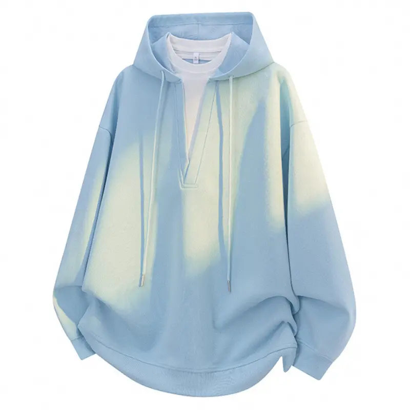 Men Fashion Casual V‑Neck Mock Two‑Piece Hoodie, Drawstring Hood Loose Street‑Style Pullover, Versatile Top For Everyday Wear & Casual Outings # sohochic