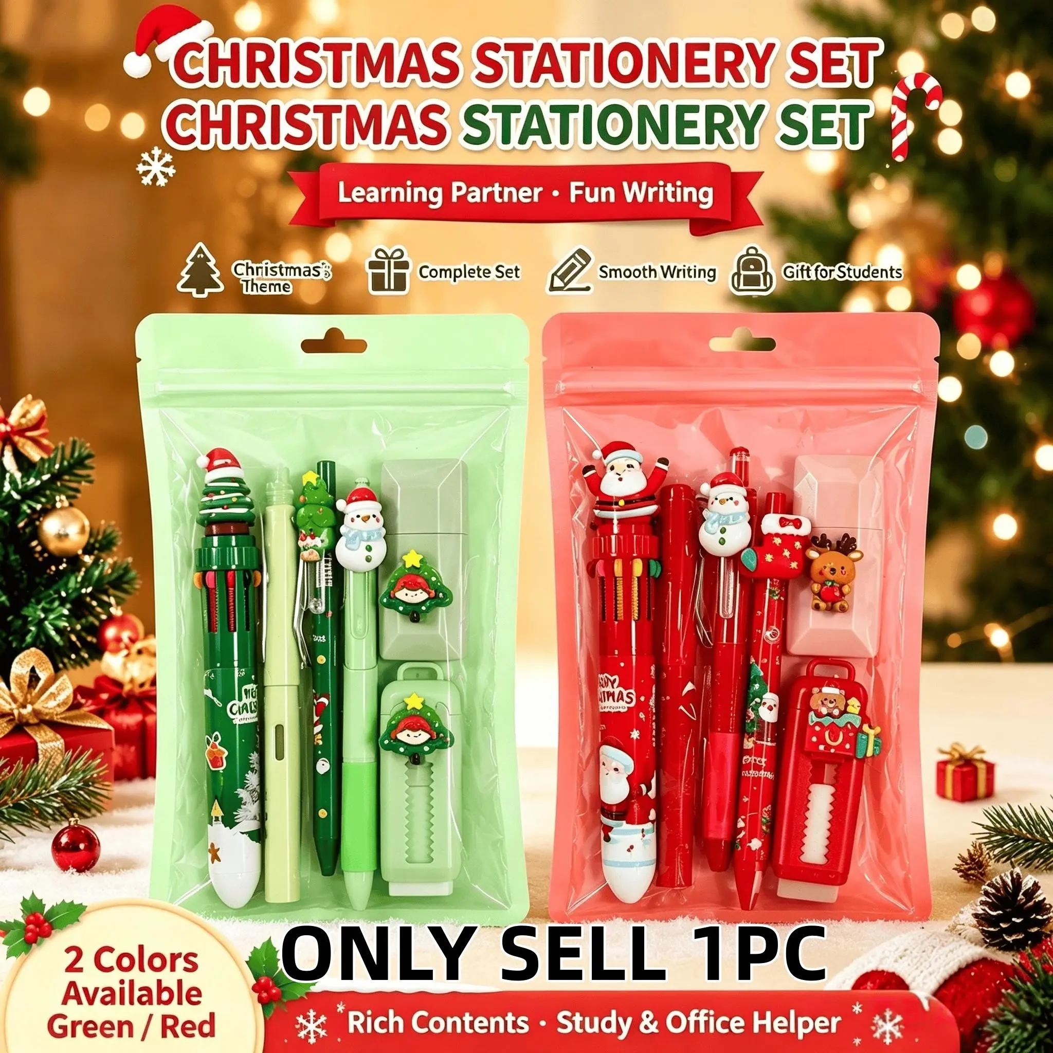 Cute Xmas Themed Stationery Bag Set, Multi-Type Smooth Writing Pens, Correction Tape, Eraser Combo, Portable Holiday Office Supply Kit