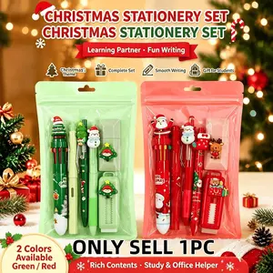 Cute Xmas Themed Stationery Bag Set, Multi-Type Smooth Writing Pens, Correction Tape, Eraser Combo, Portable Holiday Office Supply Kit