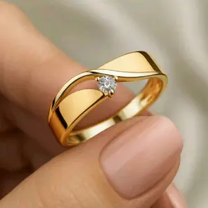 Women's Gold Geometric Lines Ring, 1pc KC-Plated Copper Micro-Paved Synthetic Zirconia Jewelry with 3-Prong Round Setting, Durable Party & Wedding Fashion Accessory, Valentine's Day Gift, Gold Geometric Rings