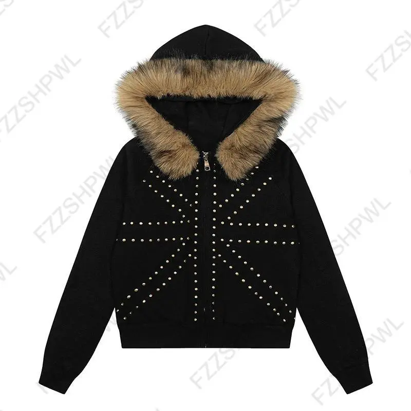 Unisex Gothic-Punk Grunge Zip-Up Hooded Jacket - Striped Diamond Design, Fur Collar, 2000s Harajuku Aesthetic, Casual Menswear Sweatshirt, Linen-Nylon-Acrylic Blend Tops, Sweatshirts, Streetwear, Striped Diamonds, Contrast Faux Fur