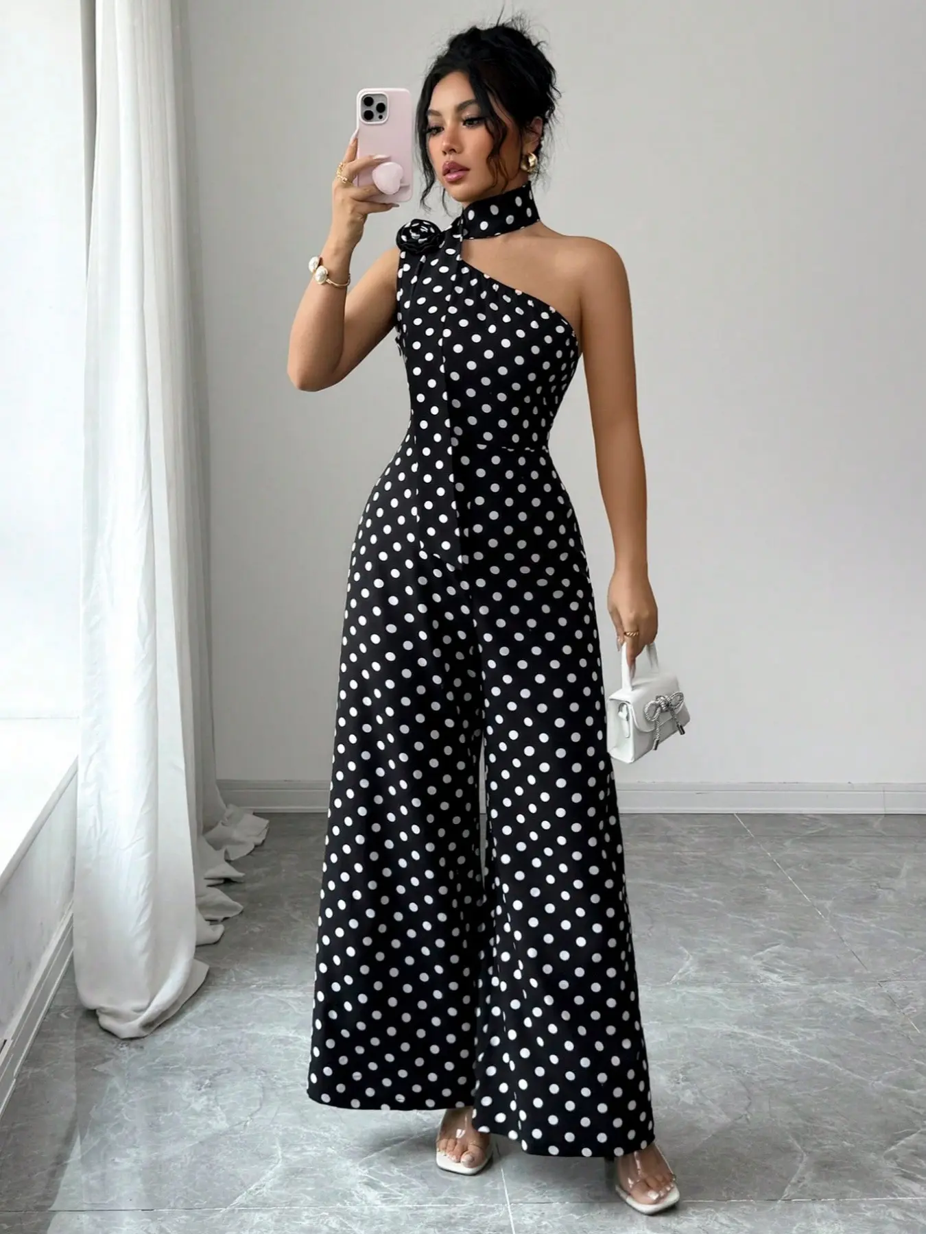 Fashion Chic Asymmetrical Shoulder Sleeveless Polka Dot Jumpsuit, Women's High Waist Fitted Long Jumpsuit, Casual Daily Commute