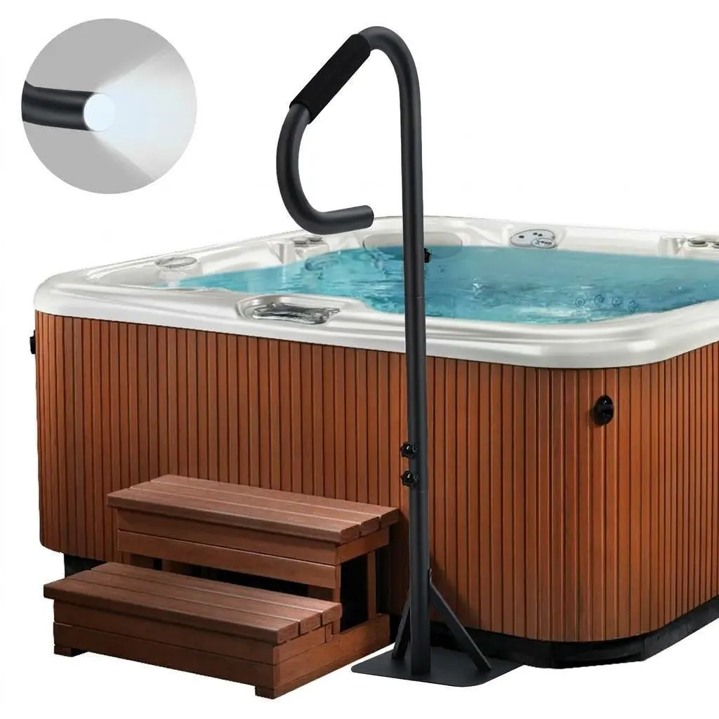 Hot Tub Handrail with LED Light – 360° Rotatable Spa Side Handrail with 35" to 57" Adjustable Height – Slide-Under Base and Non-Slip Grip for Indoor & Outdoor Hot Tubs, Spas, Pools