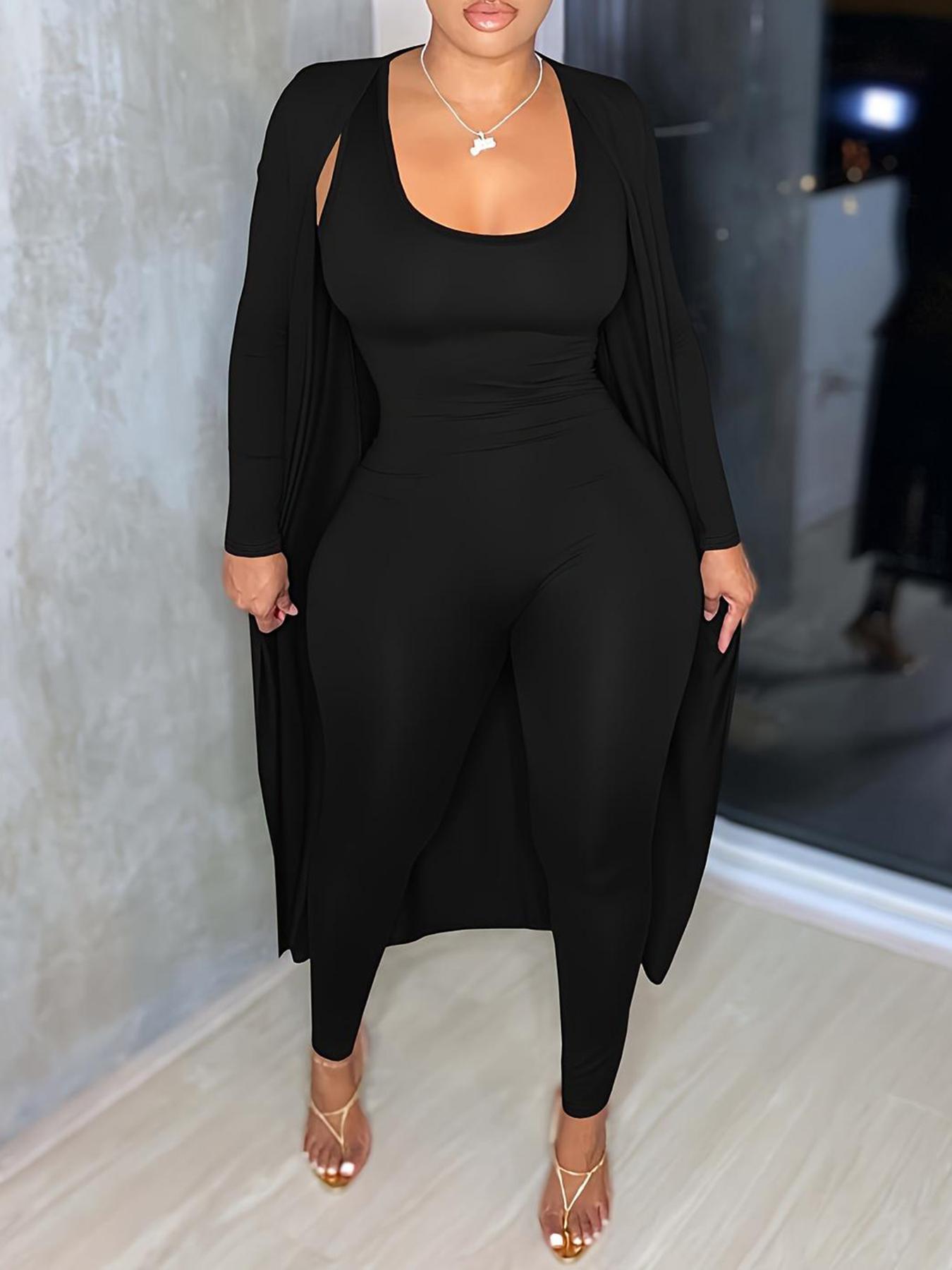 【Plus Size】 Two-piece Matching Set Solid Scoop Neck Jumpsuit & Long Sleeve Open Front Outwear, Casual Fashion Cozy Outfits for Daily Outdoor Wear, Women's Clothing for All Seasons, Two Piece Set Women, Co-ord Sets, Womenswear