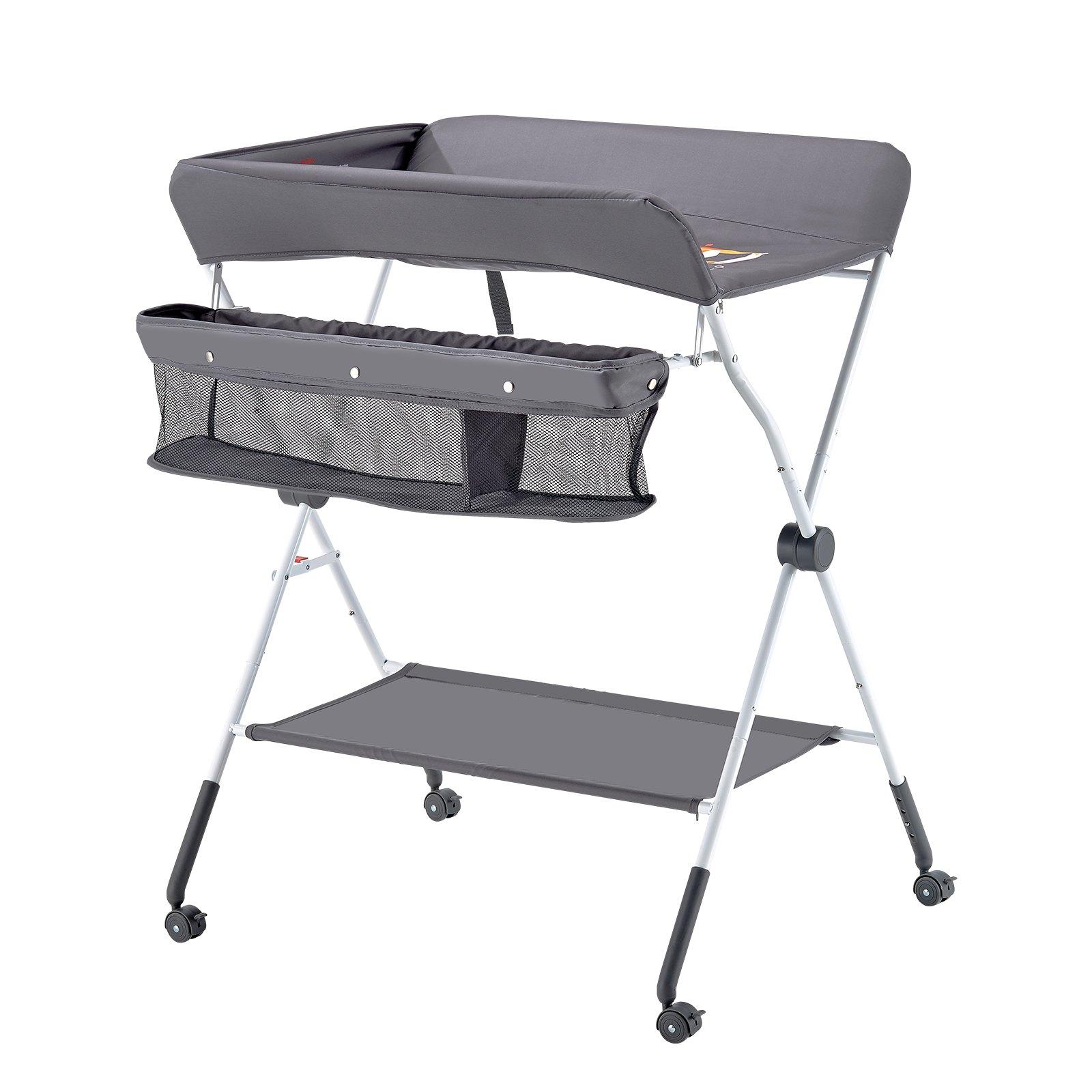 VEVOR Baby Changing Table, Foldable Diaper Change Station with Side Basket, Adjustable Height Portable Changing Table with Lockable Wheels, Multi-Functional Storage Organizer Nursery, Dark Gray