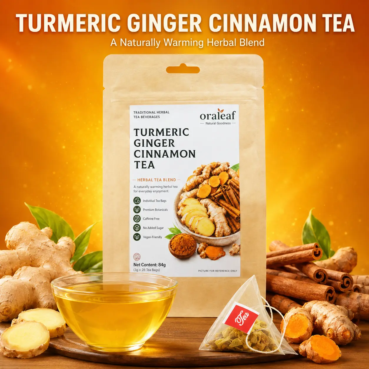 Turmeric Ginger Cinnamon Herbal Tea-Handmade Natural Blend,Caffeine-Free&Sugar-Free,Vegan,Smooth&Warming Flavor,Eco-Friendly Tea Bags