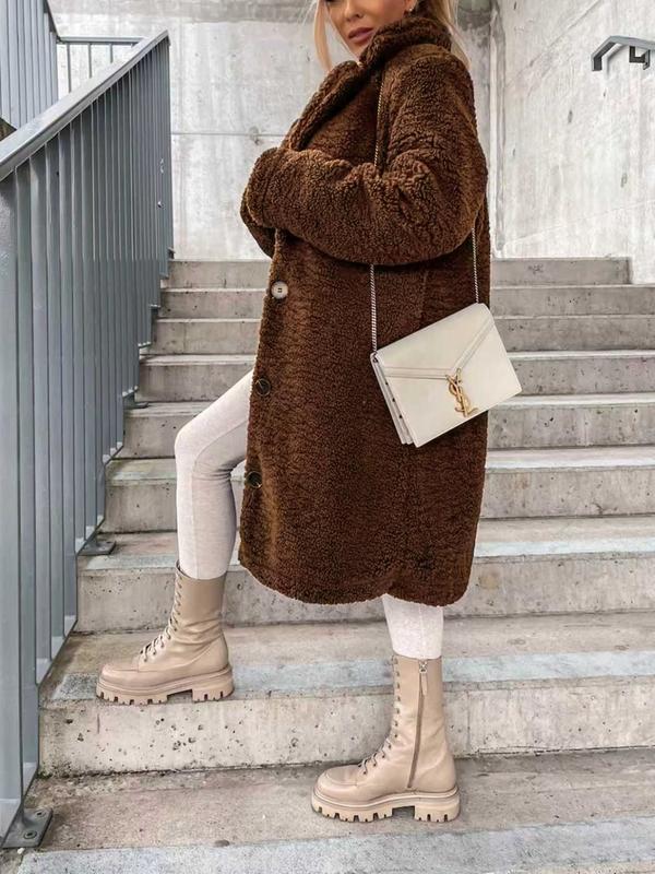Women's Faux Fur Long Sleeve Lapel Coat, Plush Lined Overcoat, Casual Fashion Outerwear for Fall & Winter, Ladies' Warm Jacket
