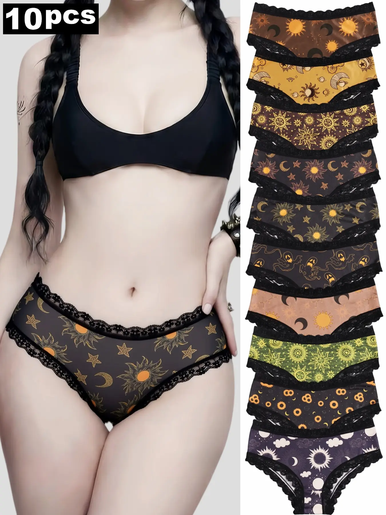 10-Pack Black Lace Waist Halloween Print Women Hipster Panties, Witchy Celestial Sun Moon Star Ghost Pattern Gothic Briefs, Alt Girl Y2K Dark Coquette Aesthetic Stretch Women Underwear Multipack, Stretchy Panty