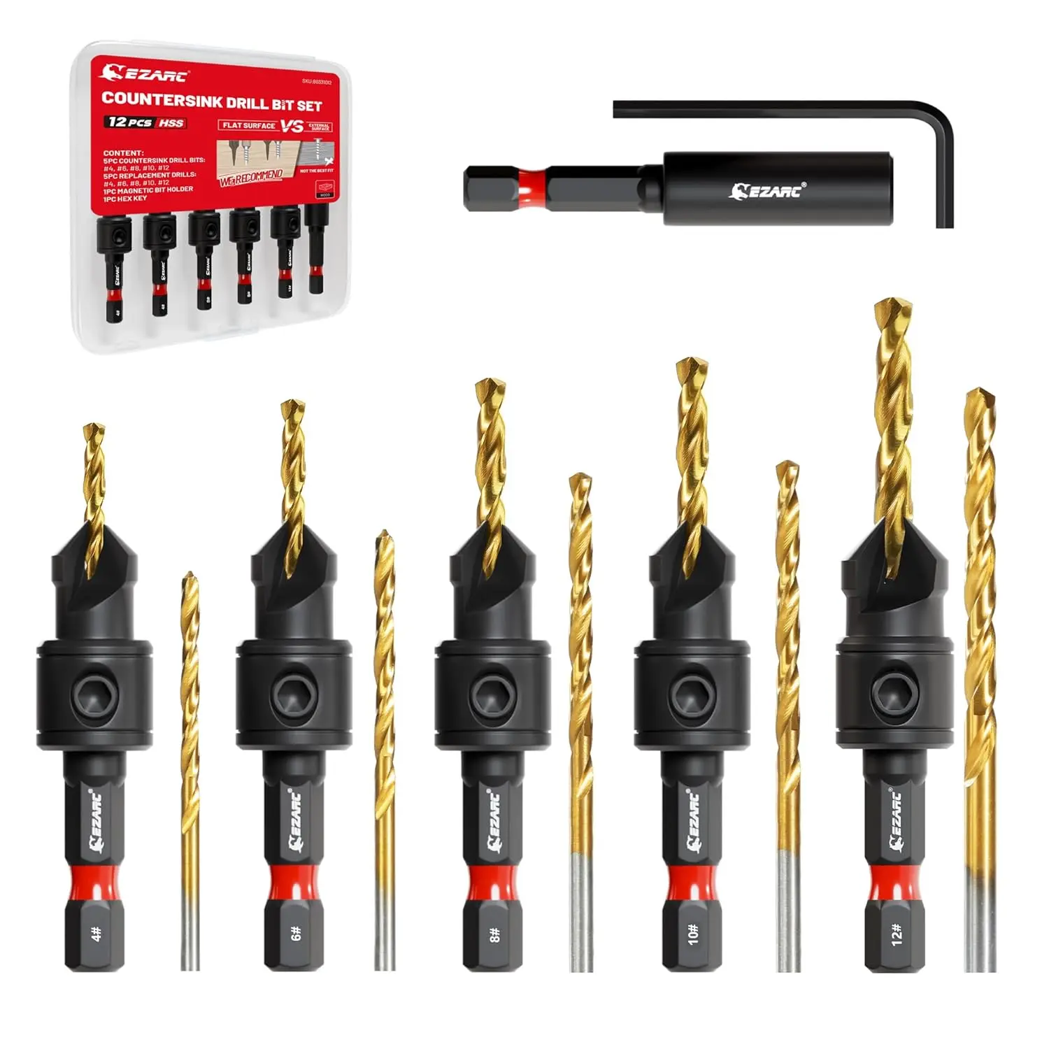 Countersink Drill Bit Set, 12 PCS Counter Sink Drill Bit Adjustable,#4,#6,#8,#10,#12, Magnetic Extension bit Holder for Woodworking with Storage Box