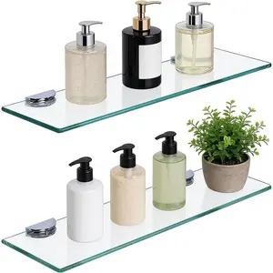 Clear Tempered Glass Floating Shelves 2 Pack 15 X 4.75 Inches with Zinc Alloy Brackets for Bathroom Kitchen Living Room Bedroom