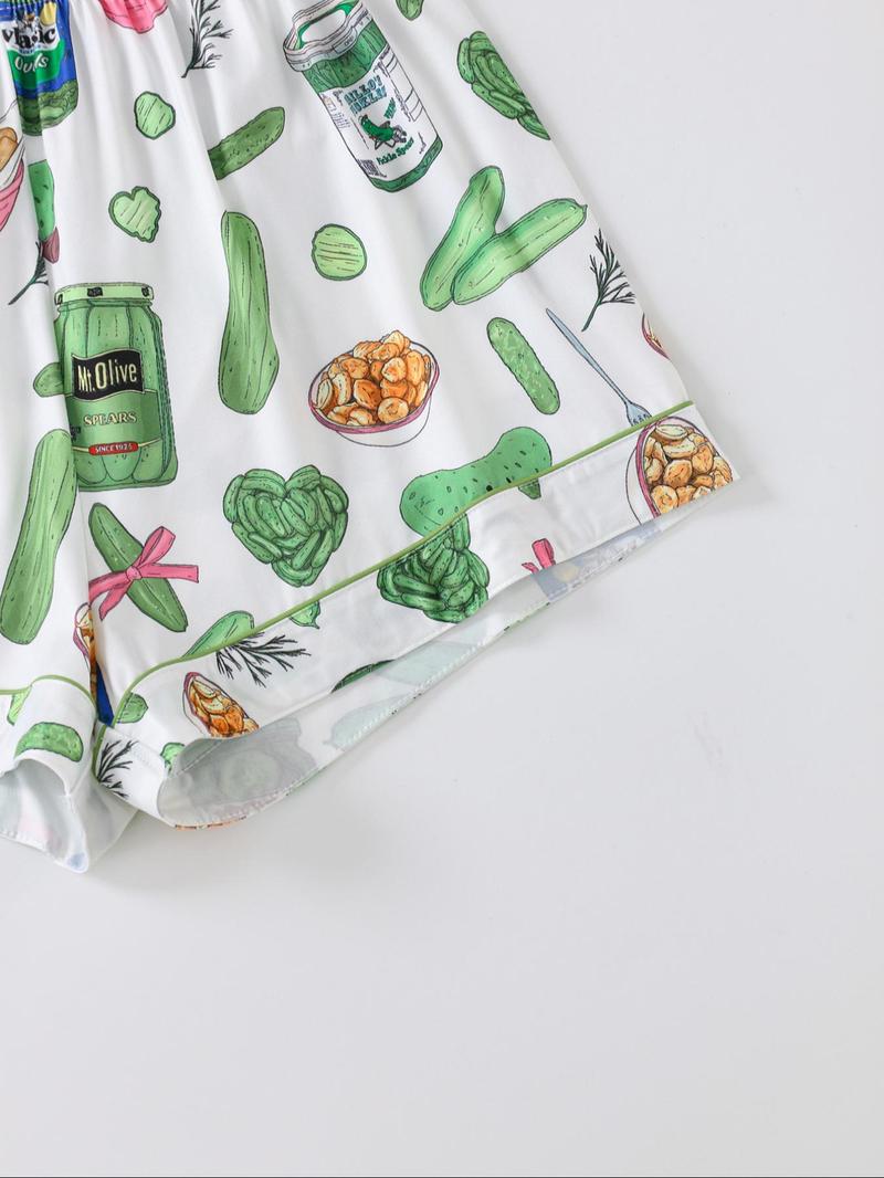 2-Piece Vegetable Print Women's Pajama Set, Button-Up Short Sleeve Top and Comfortable Shorts, Elegant Sleepwear for All Seasons