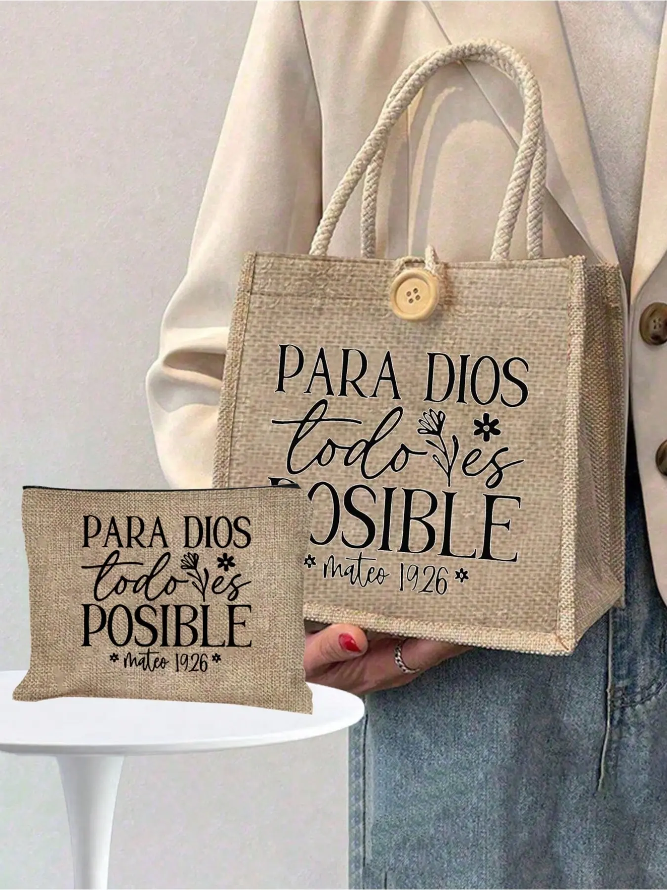 Christian Letter Print Tote Bag Set, Reusable Large Capacity Casual Shoulder Shopping Book Bag with Double Handles, Christmas Storage Tote for Commute School Outdoor, Holiday Gift for Friend Bestie Teacher, Mother’s Day Easter Vacation Present