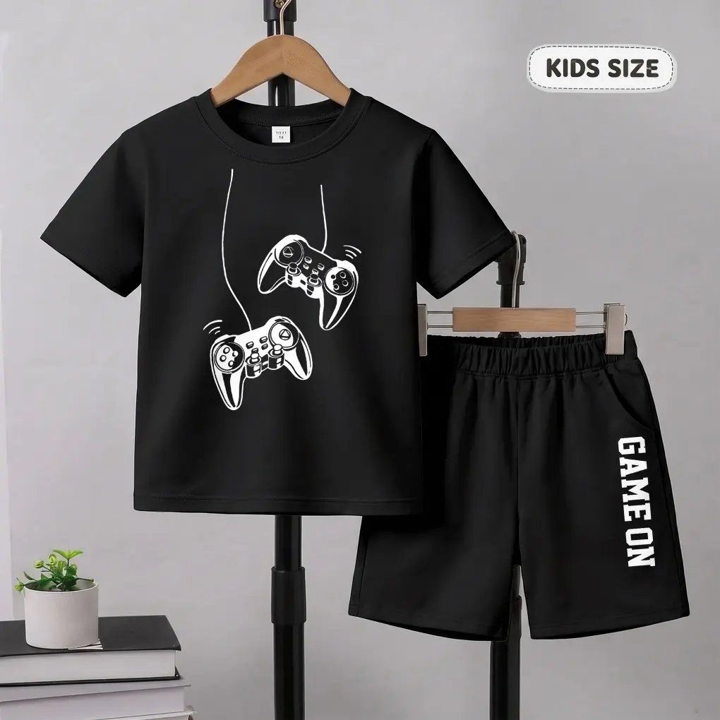 Boys' 2-Piece Game Print Short Sleeve T-Shirt and Shorts Set with Elastic Waist, Breathable Soft Outfit for Kids Outdoor Play, Short Sleeve Tops