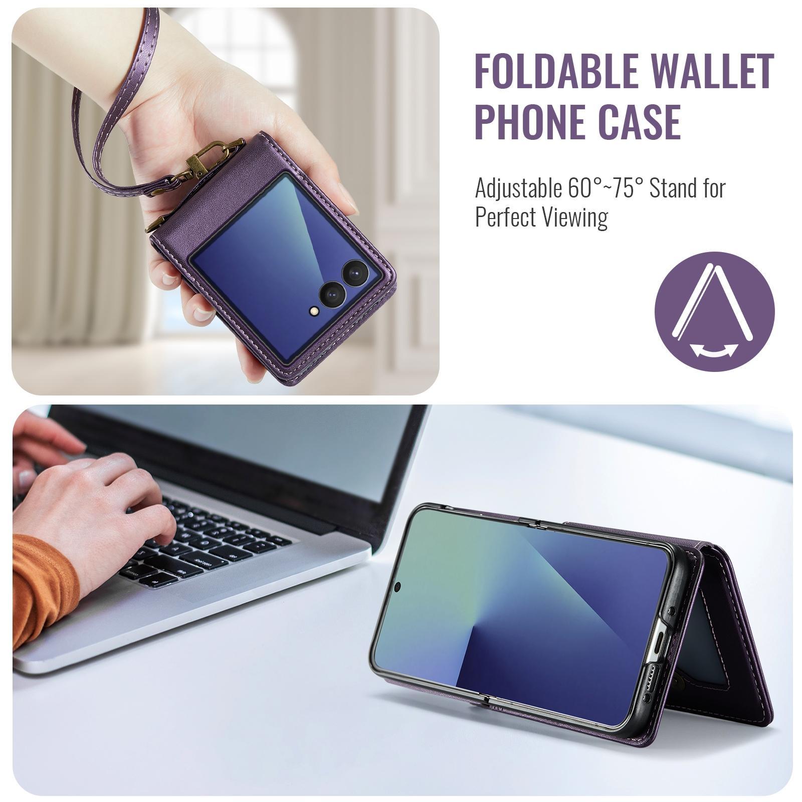 Protective Cover for Samsung Galaxy Z Flip 7 with RFID Card Holder, Sturdy Detachable Wrist Strap, Wallet-Inspired Design Perfect for Everyday Daily Use