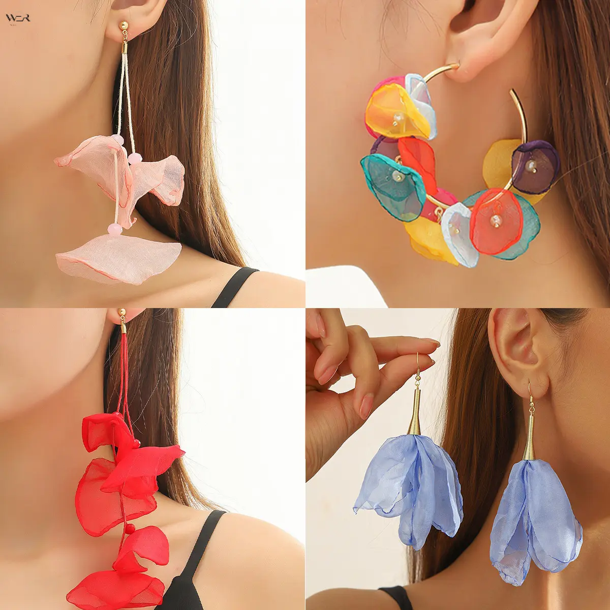 Women's 6-Layer Chiffon Fabric Long Tassel Petal Drop Earrings, Multi-Color Flowy Floral Dangles, Lightweight Elegant Romantic Accessory for Wedding Bridal Party, Gift for Ladies