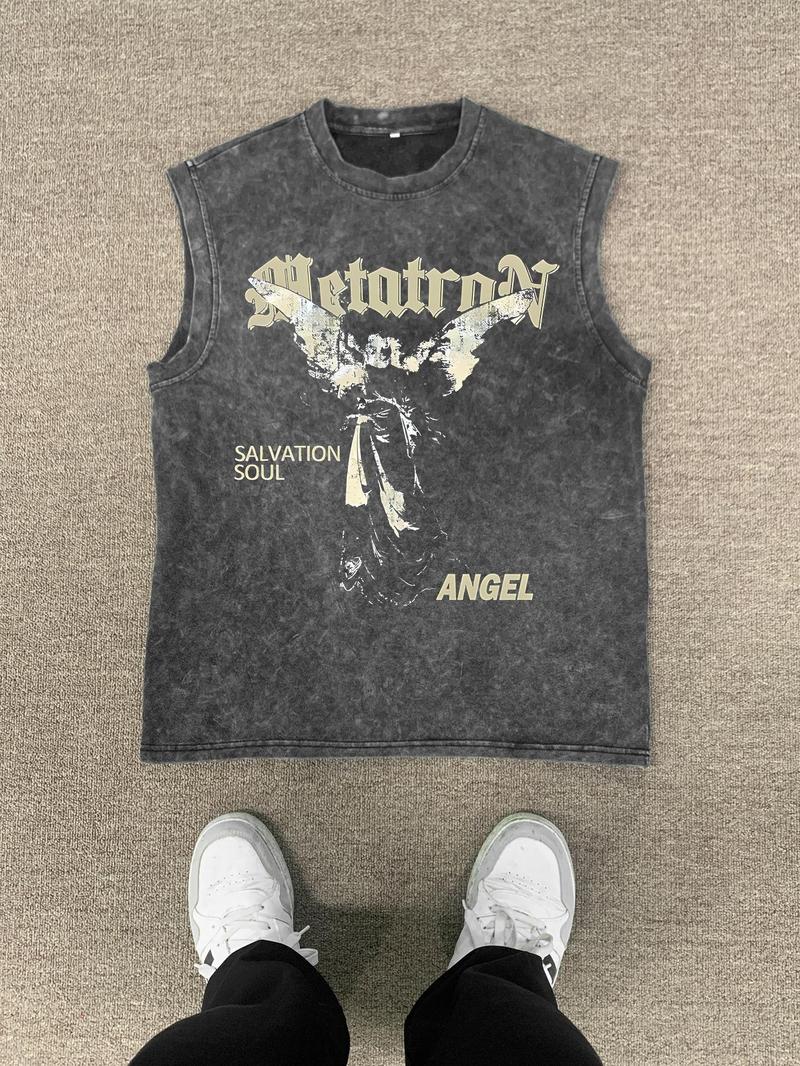 Men's Angel Print Round Neck Tank Top, Casual Fashion Sleeveless Top for Summer, Men's Clothes for Daily Wear, Socks