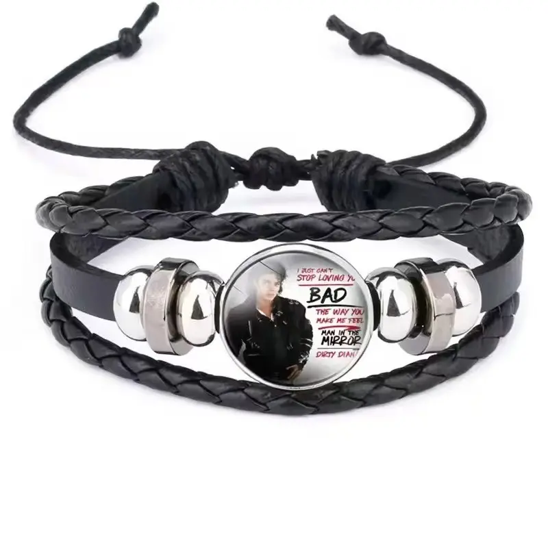 Michael Jackson Mj Time Gem Woven Bracelet, Adjustable Multi-Layer Leather Rope Jewelry, Fan Support Accessory, Trendy Handmade Design