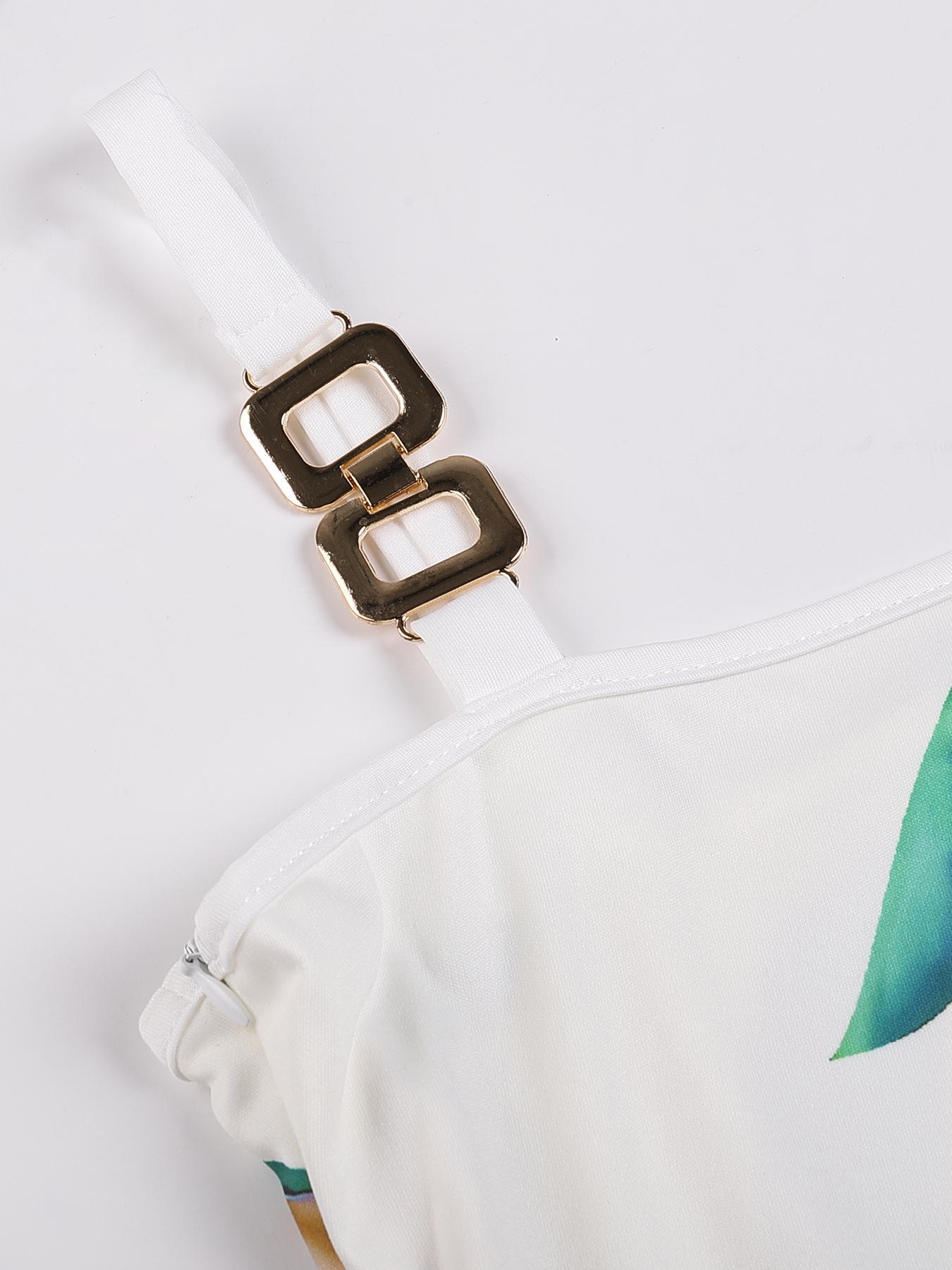 Women's Floral Print Ring-Linked Asymmetrical Neck Jumpsuit, Boho Casual High Waist Wide Leg Jumpsuit for Summer, Womenswear