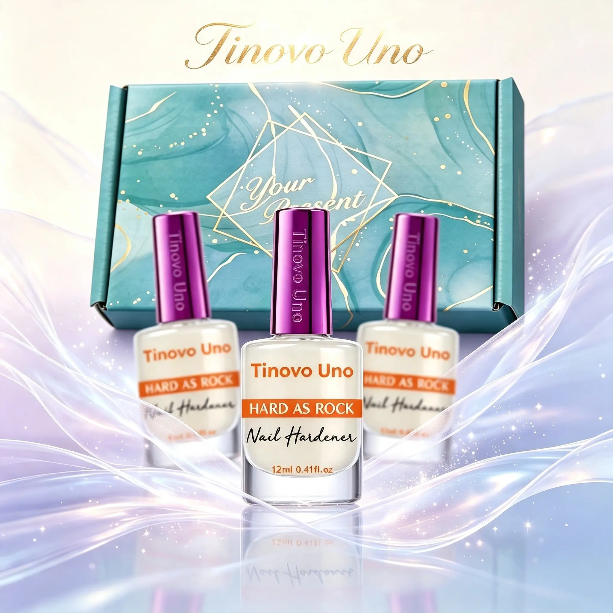 Tinovo Uno Hard As Rock Nail Hardener 3Pcs Gift Set. Reinforce soft, weak and splitting nails. Clear milky texture, air dry without UV lamp. 12ml each bottle, luxury gift box for nail care, Manicure Nail Treatment and gifting.