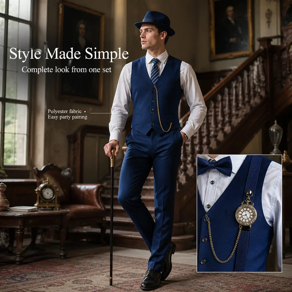 Men's 1920s Vintage Gentleman Costume Accessories Set, Navy Blue Roaring 20s Party Kit with Vest, Fedora Hat, Suspenders, Tie, Bow Tie, Pocket Watch, Faux Mustaches for Adult Halloween Cosplay, Gatsby-Style Gatherings