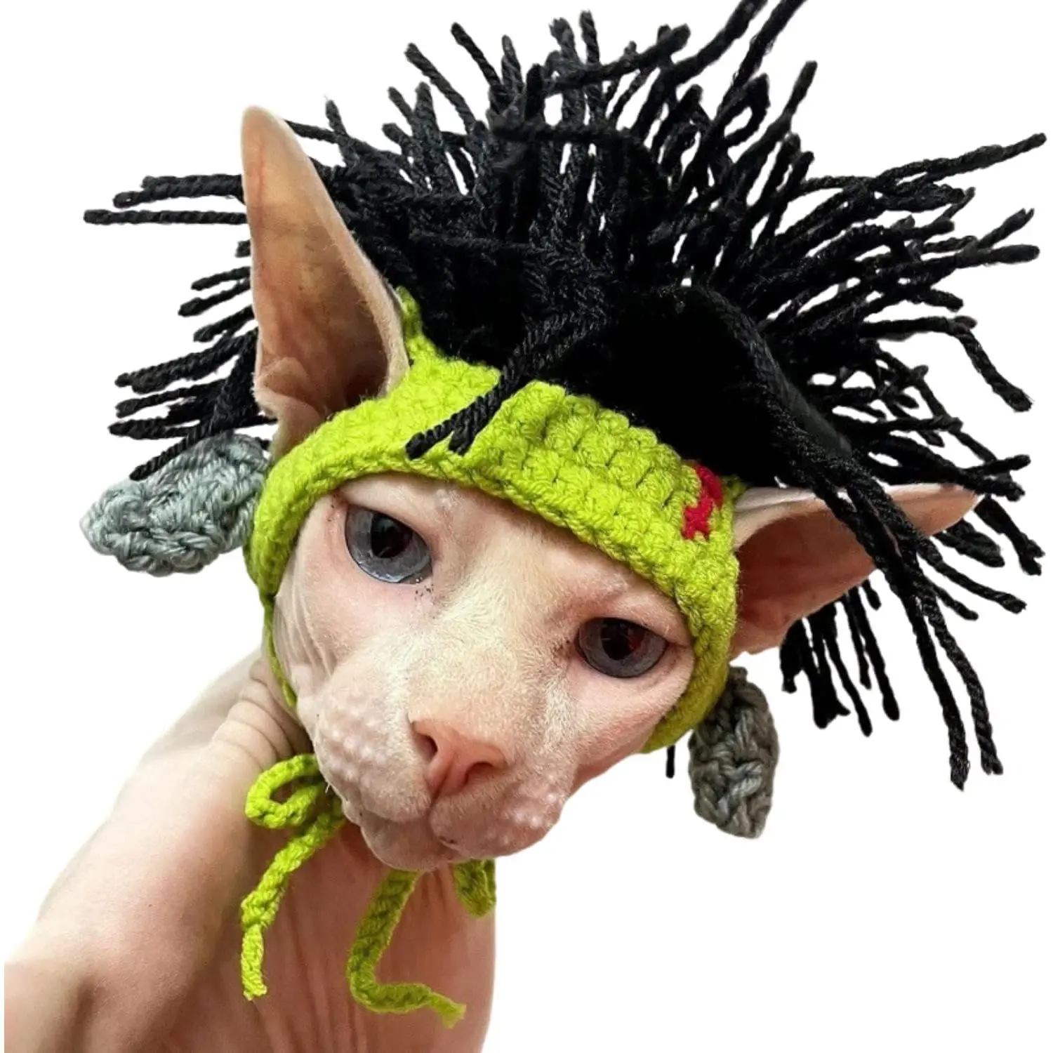 Knitted Hat with Dreadlocks -  Woolen Cap Cool Wigs  Headwear for Sphinx Kitten Puppy Halloween Costume Party Accessories Christmas Birthday S (3.3 lbs - 6.6lbs), Green