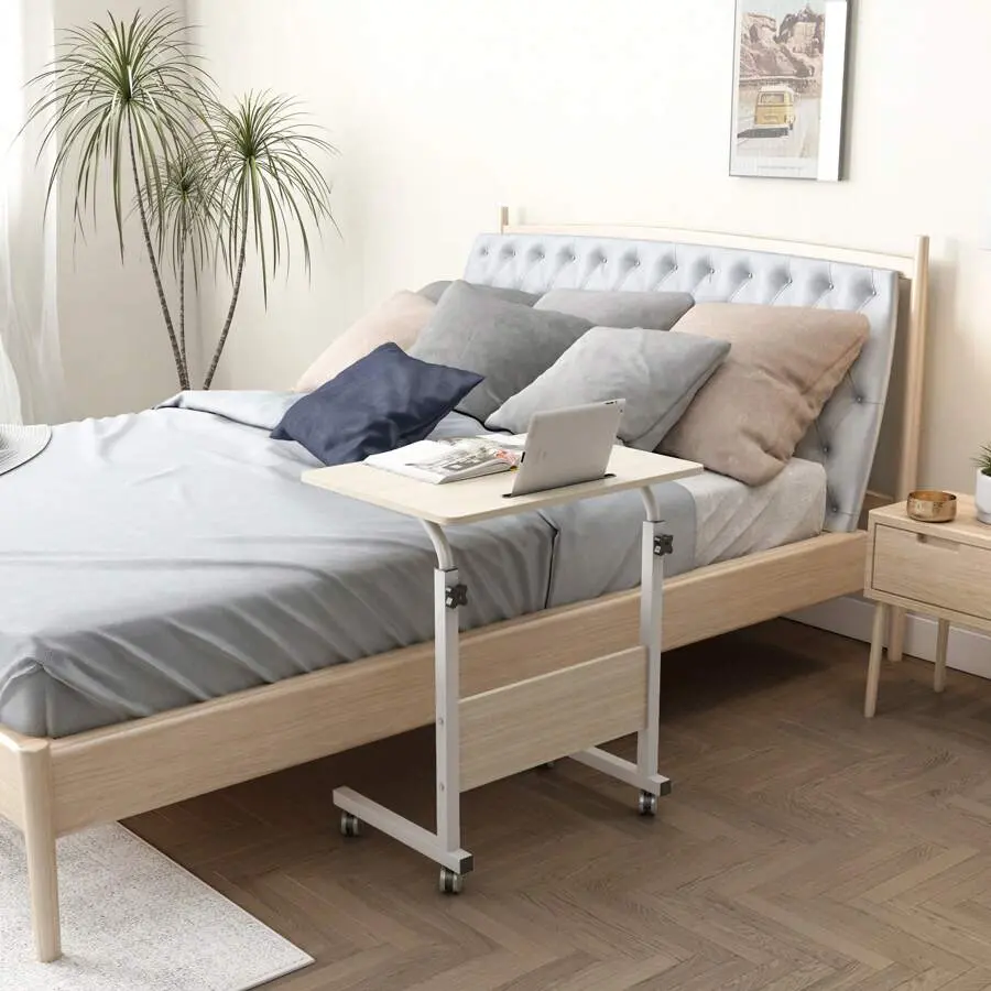Portable Side Table, Height Adjustable Table With Tablet Slot, Portable Mobile Stand, Maple