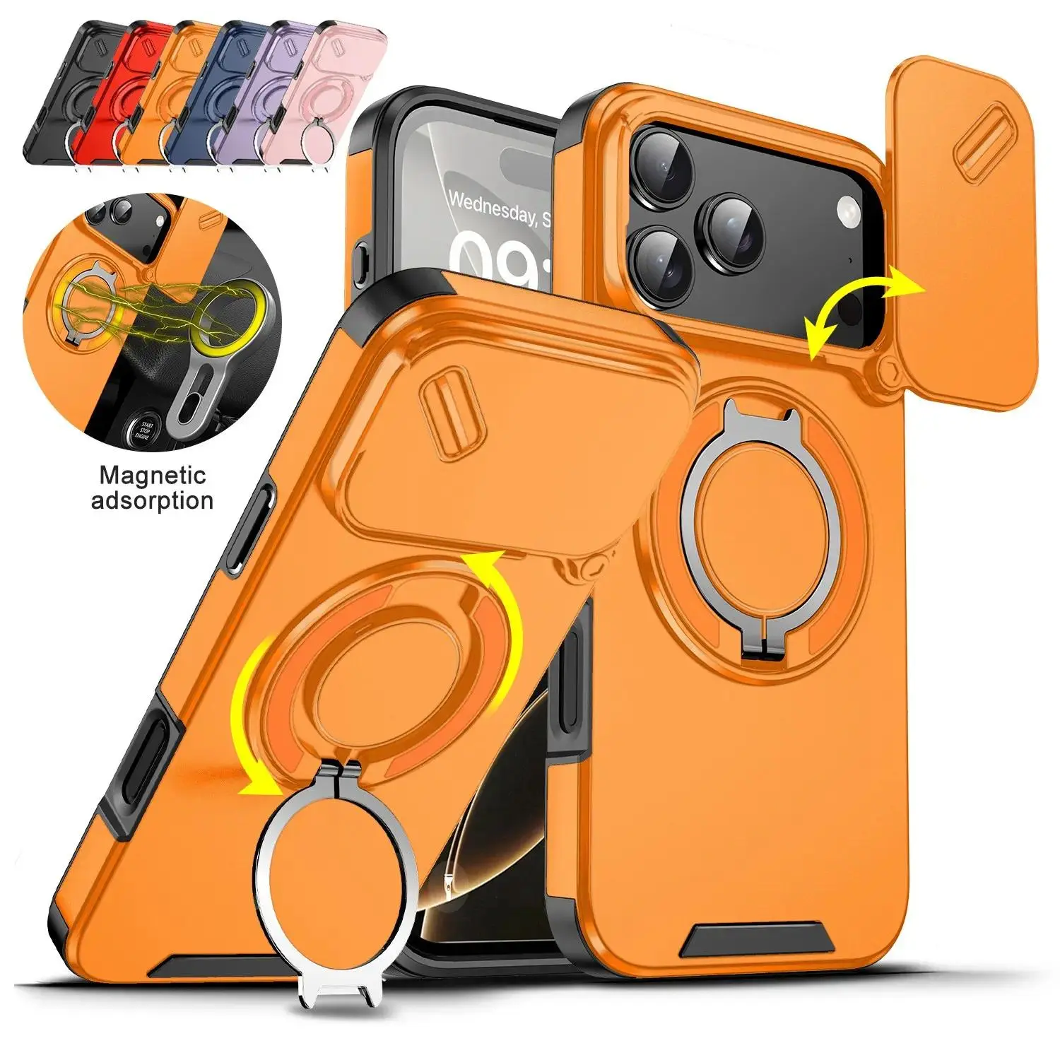 Multi-Model Phone Case for iPhone 17, 17 Air Plus, 16 Pro Max, 15 Pro Max, 14, 13, 12 with Slide Camera Lens Protector, 360-Rotating Ring Kickstand, MagSafe Magnetic Holder, Military-Grade Shockproof Protection