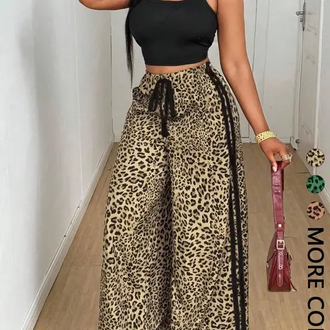 Women's 2-Piece Casual, Solid U-Neck Sleeveless Top + Leopard Print Pants, Fitted Style, Essential for Leisure and Commute, Lounge Pants Set