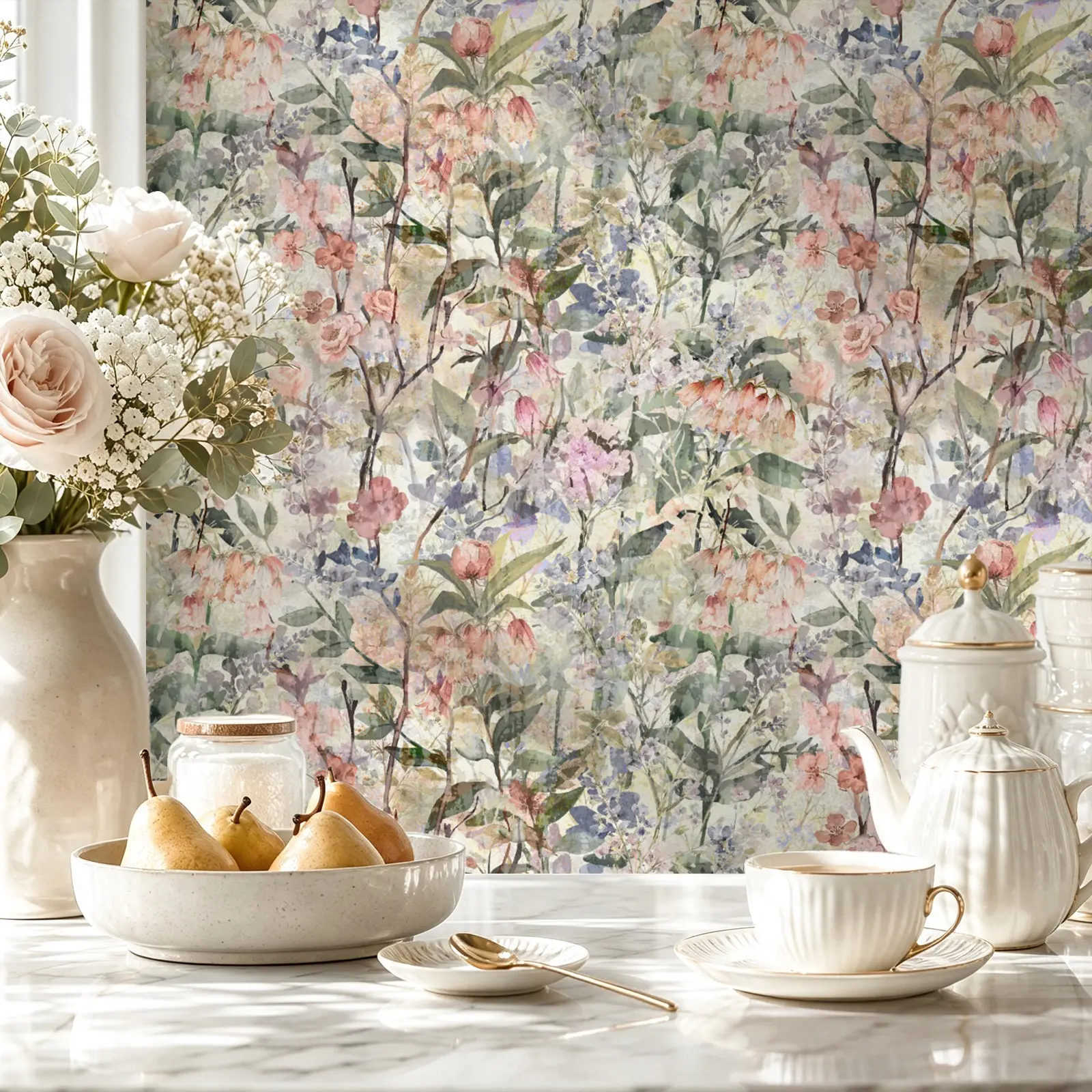 Watercolor Floral Self-Adhesive Wallpaper, Lily-Of-The-Valley Rose Pattern, French Vintage Decor, PVC Material, Removable, 44x300/500/1000cm