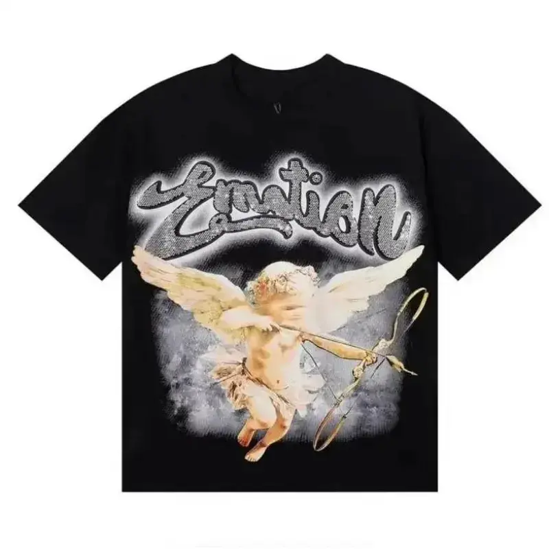 Unisex short-sleeve crew-neck printed T-shirt with an angel-themed design; moisture-wicking, casual streetwear style; 2025 new arrival for sports and outdoor layering
